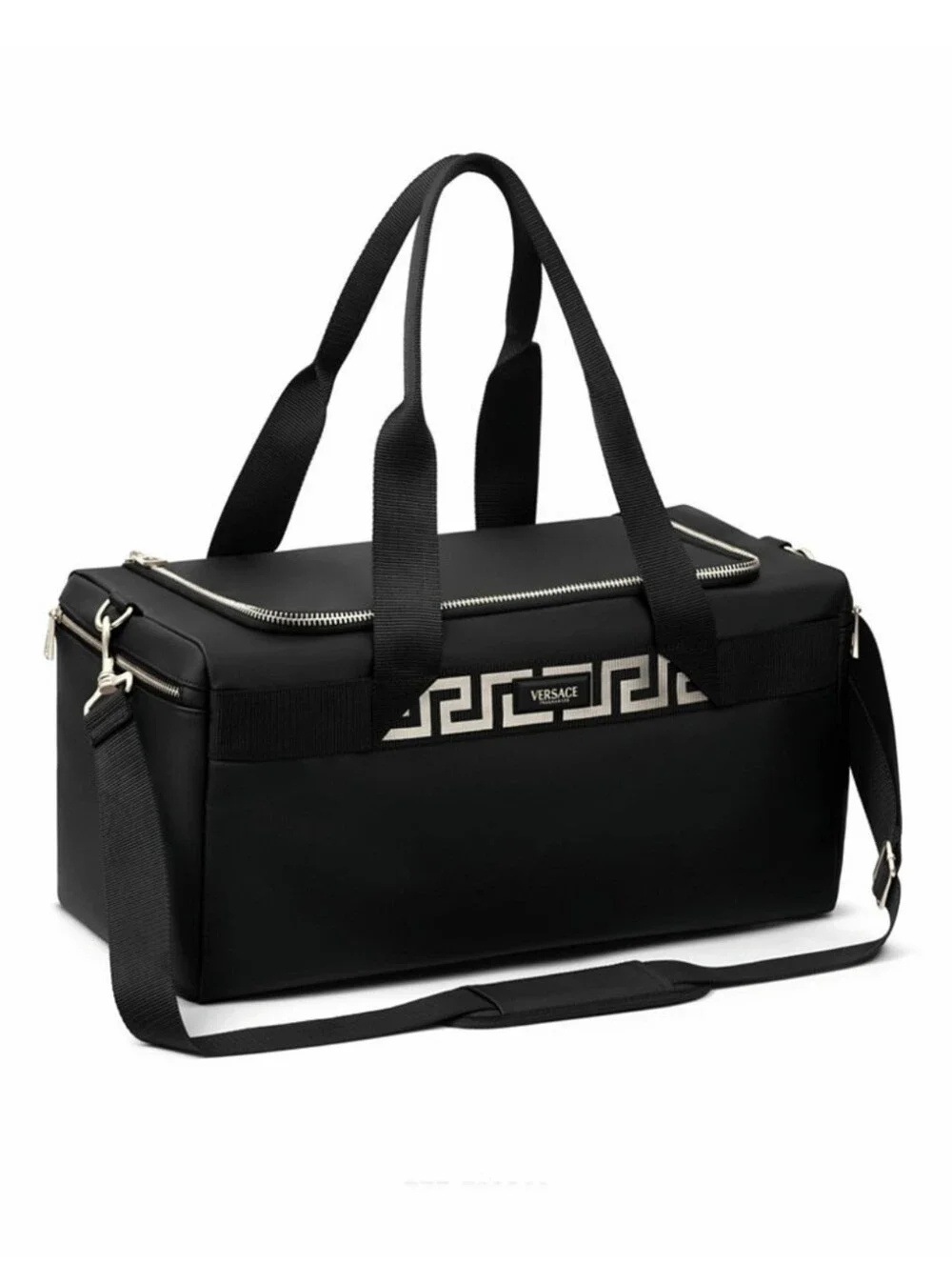 Versace Black Duffel Bag with Silver Greek Key Accents